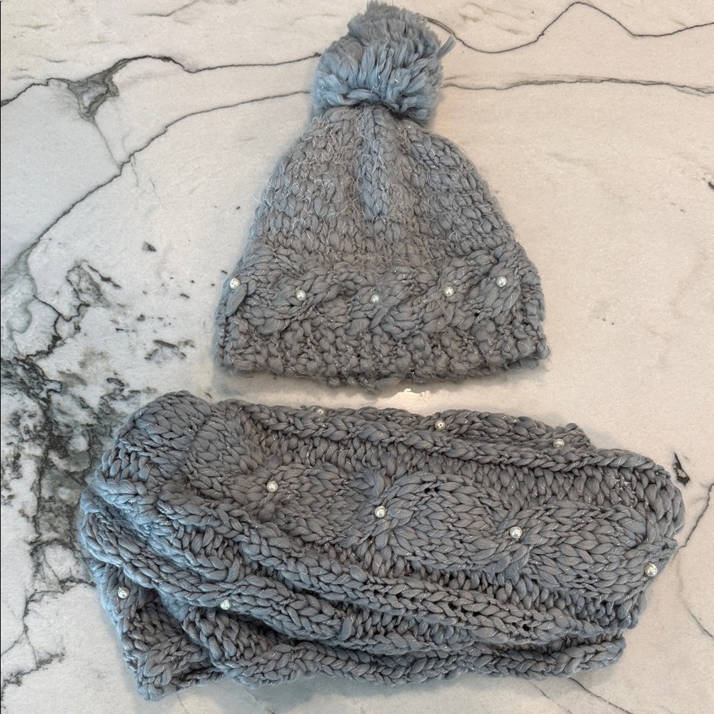 Betsey Johnson Gray Knit Hat and Scarf Set